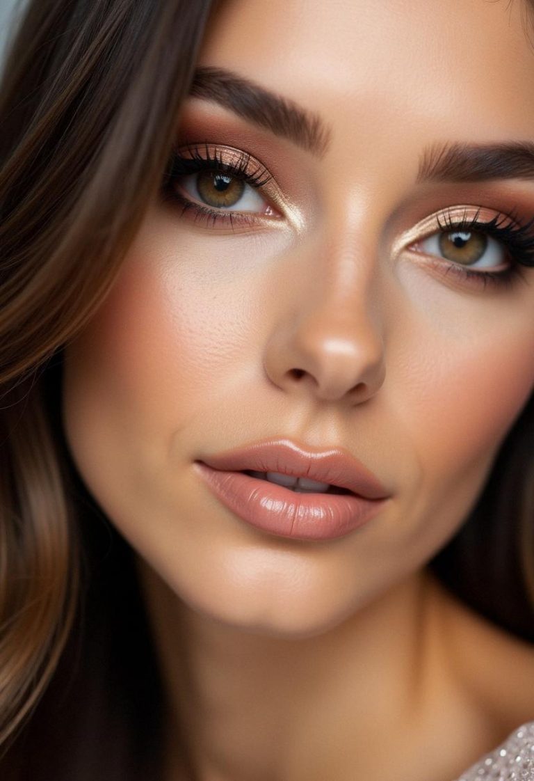 Close-up portrait of a woman with hazel eyes wearing soft bronze eyeshadow, defined lashes, glowing skin, and nude lipstick, showcasing elegant makeup for hazel and brown eyes.