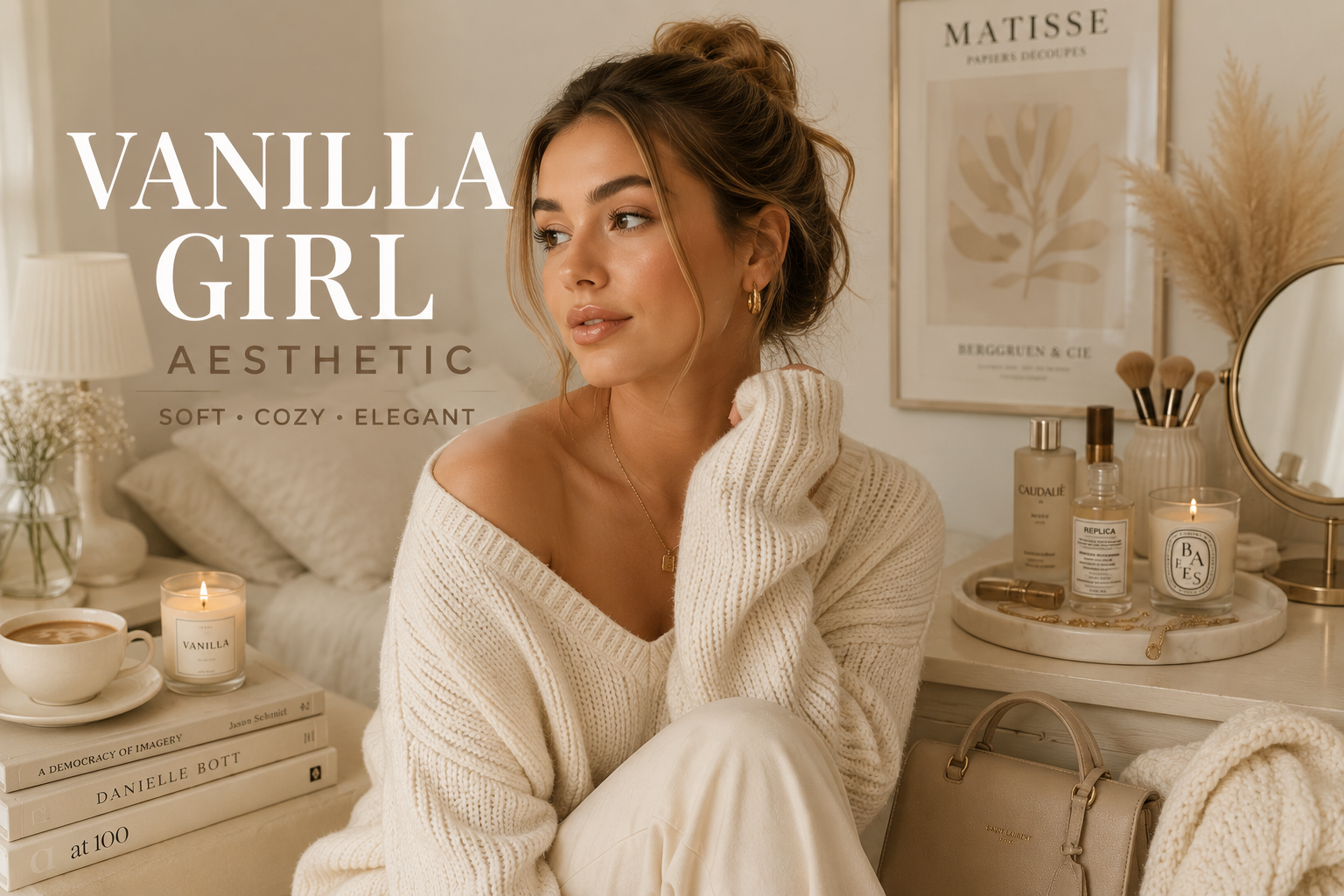 Young woman wearing a cream knit sweater with natural makeup, messy bun hairstyle, gold jewelry, and cozy neutral bedroom decor showcasing the Vanilla Girl Aesthetic.