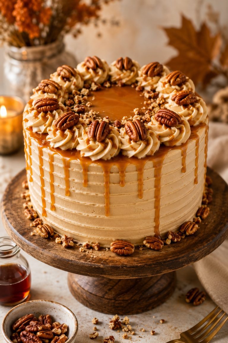 Brown Butter Maple Birthday Cake with maple buttercream frosting, caramel drizzle, toasted pecans, and a rustic wooden cake stand surrounded by cozy autumn décor.