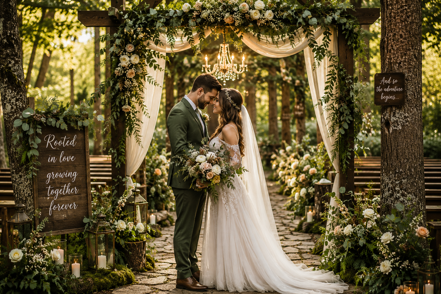 Rooted Romance Wedding ceremony in a lush forest with a floral wooden arch, elegant bride and groom, candlelit aisle, fresh greenery, and soft golden sunset lighting.