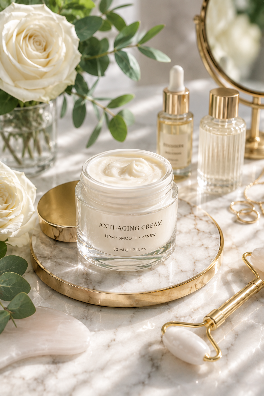 Luxury anti-aging cream displayed on a marble vanity with fresh flowers and skincare accessories.