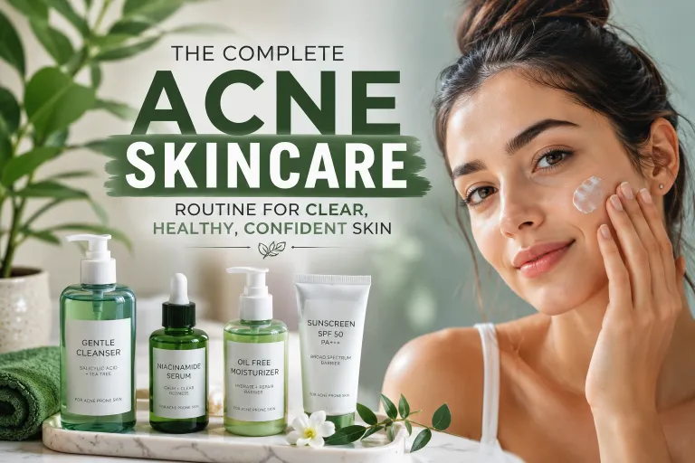 Acne Skincare routine featuring a gentle cleanser, niacinamide serum, lightweight moisturizer, SPF sunscreen, and a woman applying face cream for clear, healthy, glowing skin.