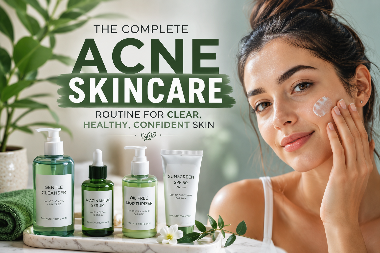 Acne Skincare routine featuring a gentle cleanser, niacinamide serum, lightweight moisturizer, SPF sunscreen, and a woman applying face cream for clear, healthy, glowing skin.