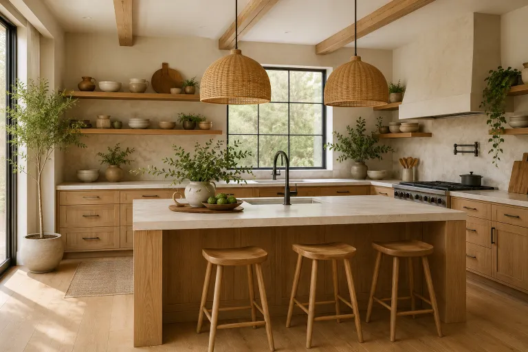 Modern organic kitchen featuring natural oak cabinets, a white stone waterfall island, woven rattan pendant lights, open wooden shelves, indoor greenery, and large windows with abundant natural sunlight.