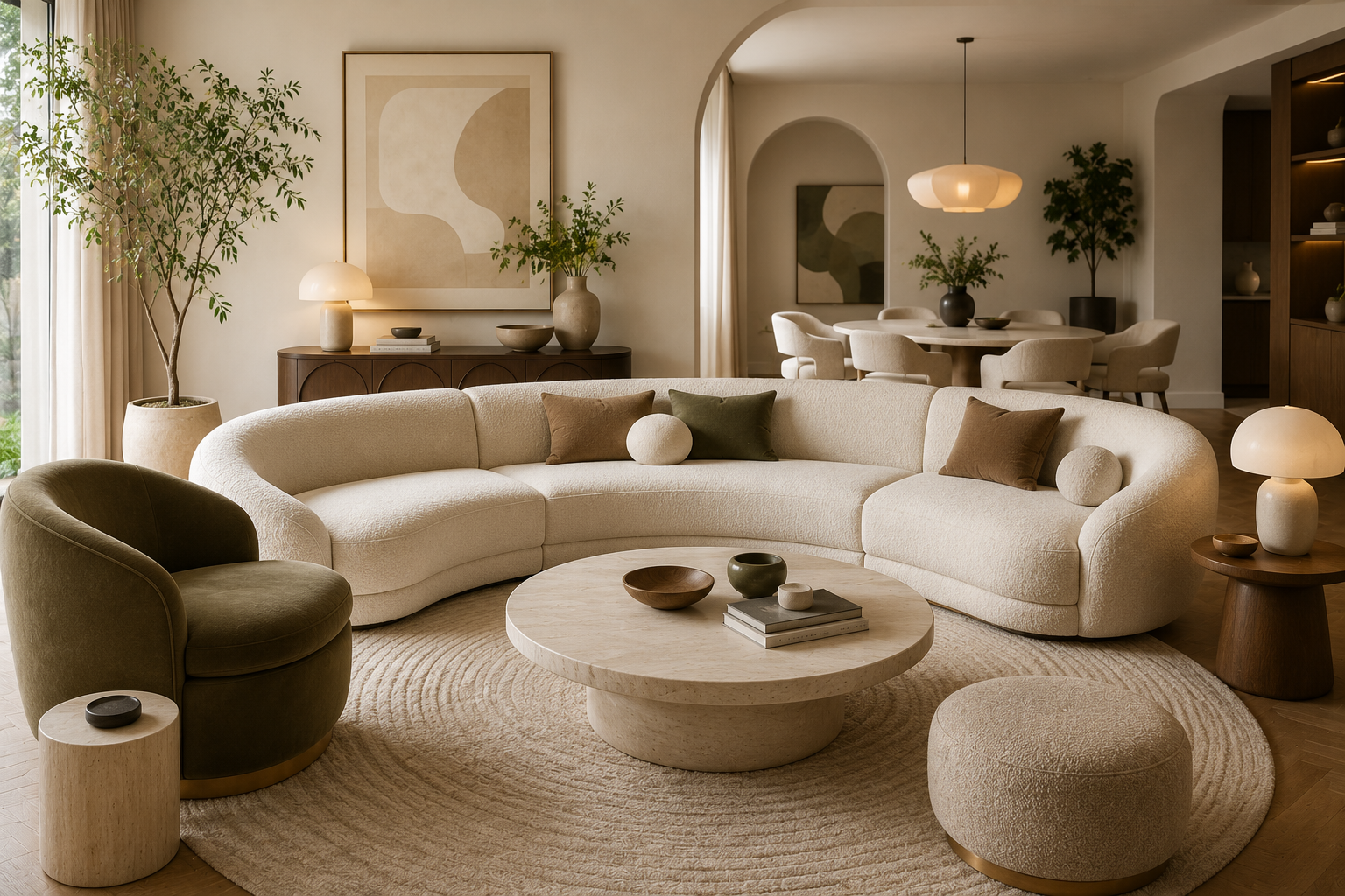 Modern living room featuring a curved cream sofa, round marble coffee table, sculptural accent chair, organic furniture, neutral decor, warm lighting, and minimalist contemporary interior design
