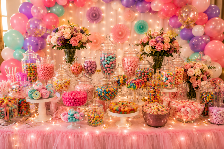 Elegant birthday party candy buffet featuring colorful sweets, glass candy jars, lollipops, gummies, chocolates, pastel balloons, fresh flowers, and a beautifully decorated dessert table."