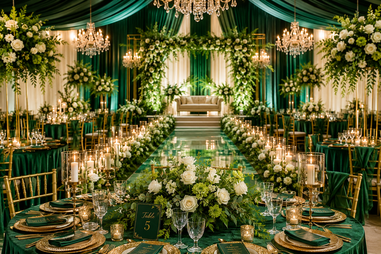 Jade Green Wedding Decor featuring elegant emerald green tablescapes, lush white floral arrangements, crystal chandeliers, candlelit aisle, gold accents, and a luxurious wedding reception.