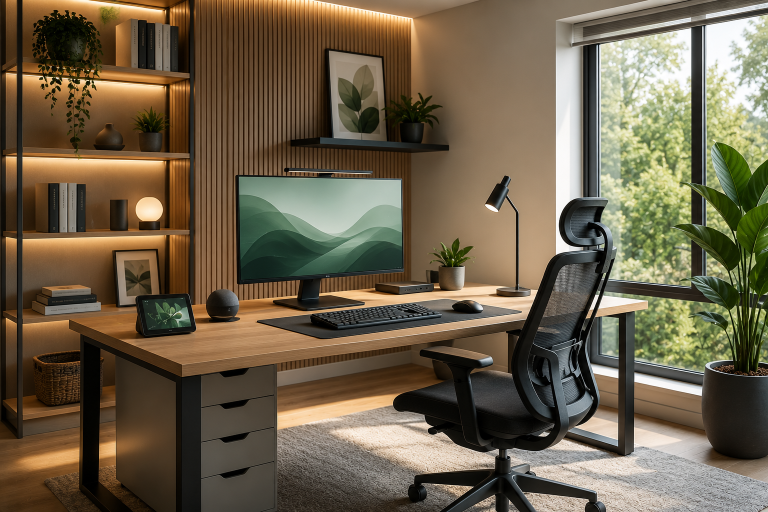 Modern AI-inspired home office with ergonomic chair, wooden desk, widescreen monitor, smart lighting, indoor plants, minimalist shelving, and large window with natural daylight.