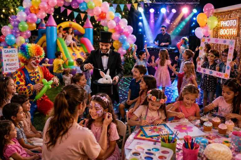 Colorful birthday party entertainment featuring a magician, balloon artist, face painting, craft station, DJ, dance floor, photo booth, and children enjoying fun activities in a festive celebration