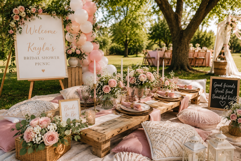 Bridal Shower Picnic with elegant boho outdoor décor, low wooden picnic table, blush floral arrangements, cozy floor cushions, personalized welcome sign, and romantic garden party setup.