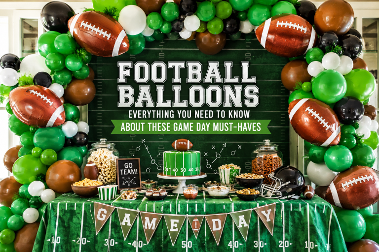 Football balloons decorating a game day party with a green balloon arch, football-shaped foil balloons, themed dessert table, and festive sports celebration backdrop.