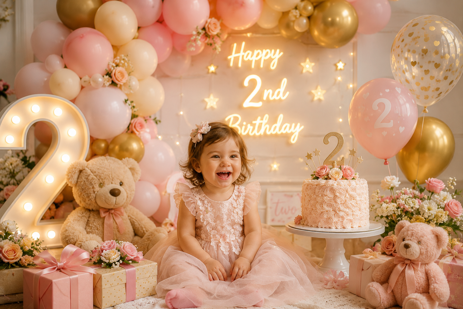 Cute toddler celebrating a second birthday with a pastel balloon arch, number 2 decorations, teddy bears, birthday cake, wrapped gifts, and elegant party decor in a festive indoor setting.