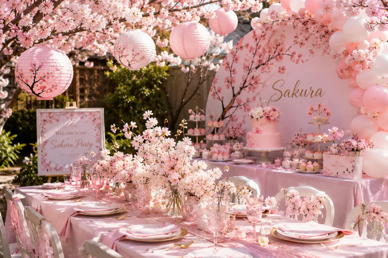 Elegant Sakura Theme Party Ideas featuring cherry blossom decorations, blush pink table settings, floral desserts, and a beautiful spring garden celebration.