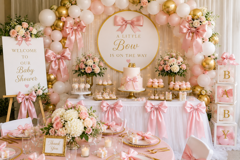 Elegant Bow Baby Shower setup with blush pink satin bows, white and gold balloon garland, luxury floral arrangements, bow-themed cake, dessert table, pastel decorations, and a stylish baby shower backdrop for a modern celebration.