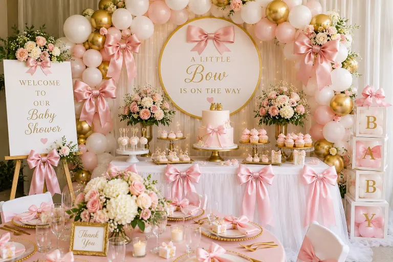 Elegant Bow Baby Shower setup with blush pink satin bows, white and gold balloon garland, luxury floral arrangements, bow-themed cake, dessert table, pastel decorations, and a stylish baby shower backdrop for a modern celebration.
