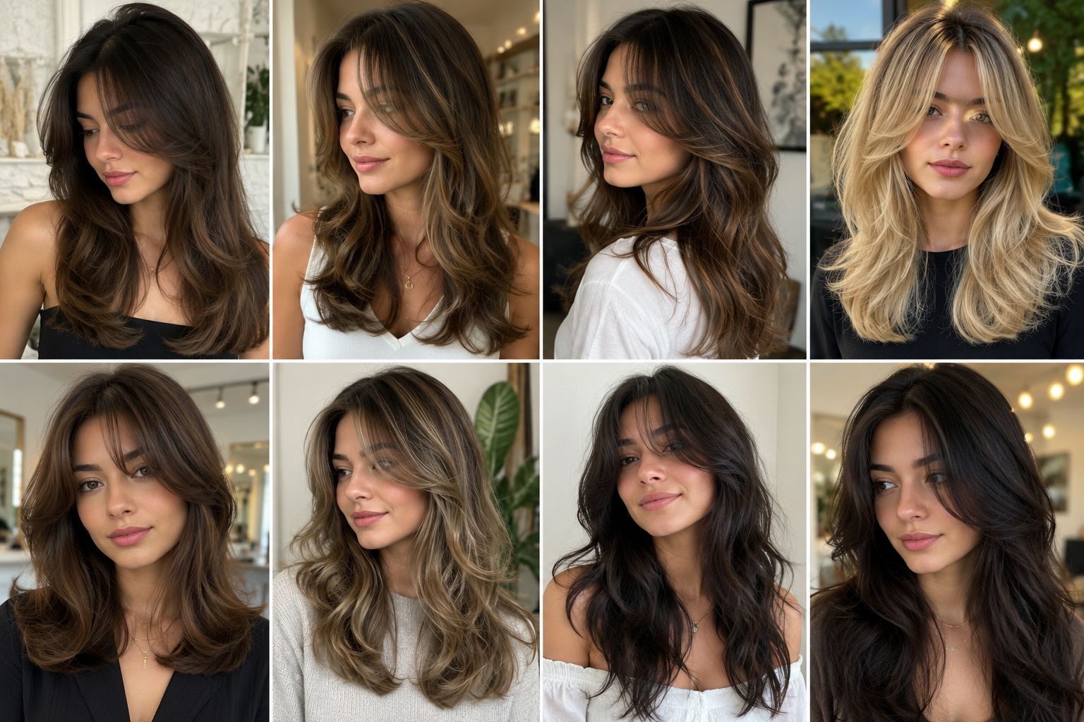 Collage of women with stylish curtain bang hairstyles featuring long layers, soft waves, face-framing fringe, and modern haircuts in brunette and blonde shades