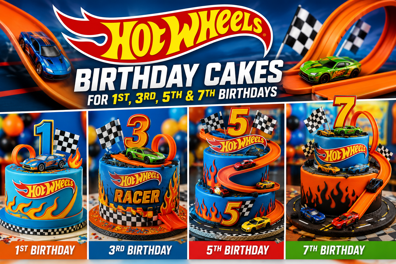 Hot Wheels Birthday Cakes for 1st, 3rd, 5th & 7th Birthdays