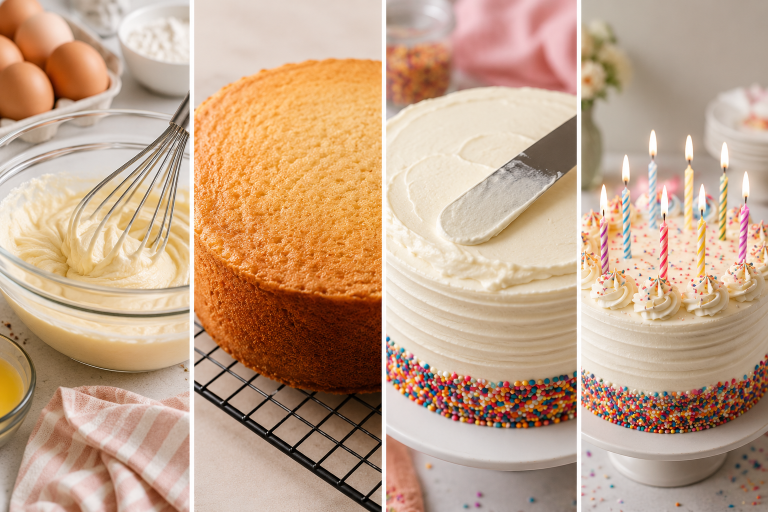 Step-by-step collage showing the process of making a simple homemade birthday cake, including mixing cake batter, baking a vanilla sponge, frosting with smooth buttercream, and decorating the finished cake with colorful sprinkles and birthday candles. Perfect for easy birthday cake recipes and beginner baking inspiration.