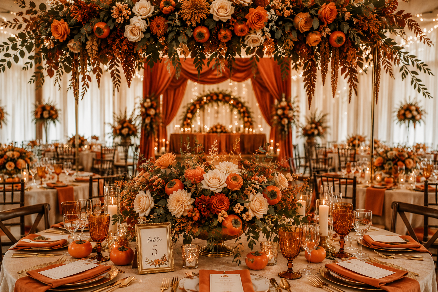 Persimmon Wedding Decor featuring elegant autumn tablescapes with burnt orange floral centerpieces, glowing candlelight, fresh greenery, amber glassware, and a romantic wedding reception in warm seasonal colors.