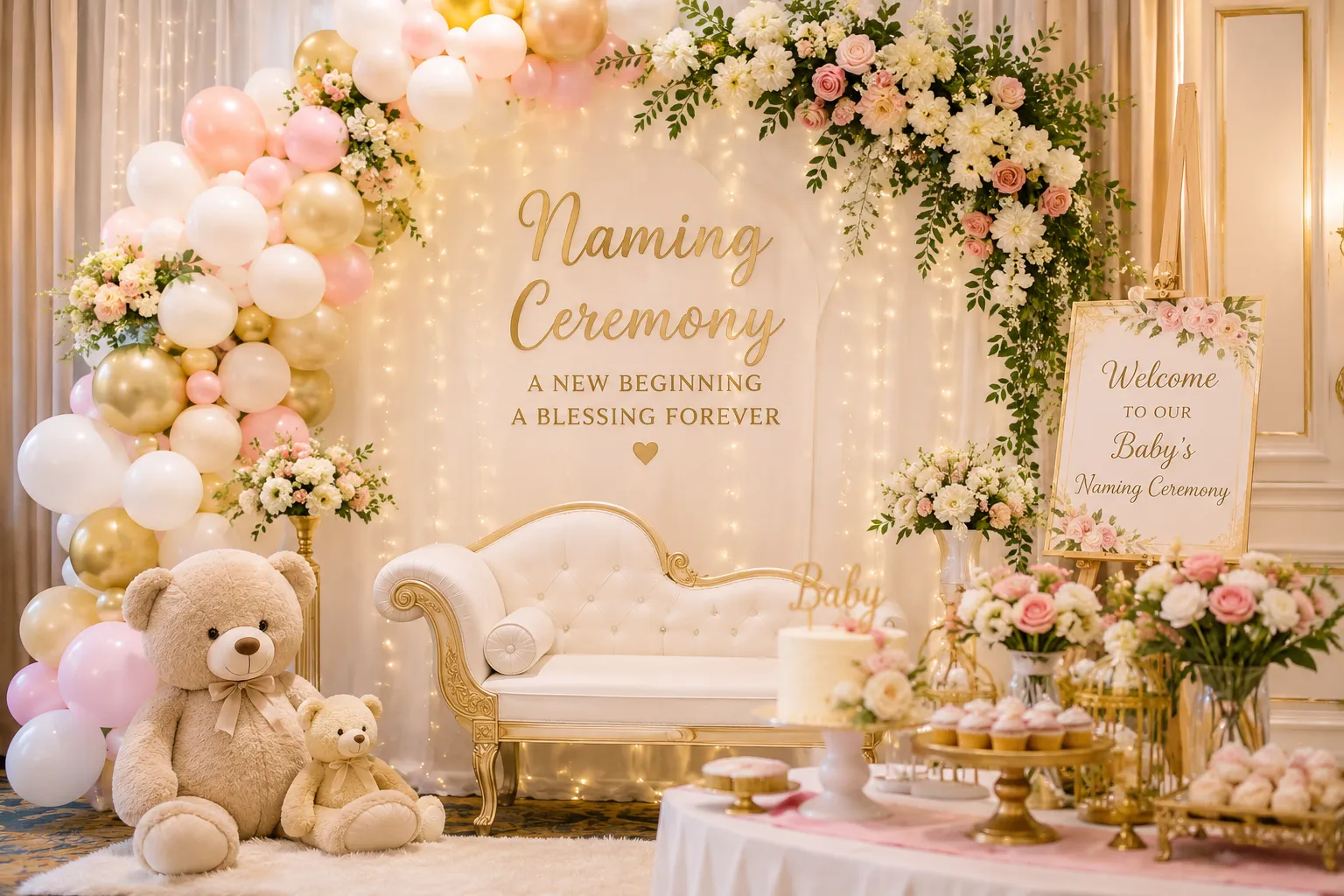 Elegant Naming Ceremony Decoration featuring a pastel balloon arch, floral backdrop, teddy bears, dessert table, fairy lights, and a personalized welcome sign for a beautiful baby celebration.