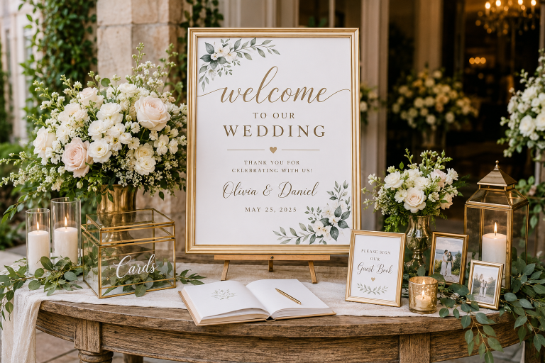 Wedding Welcome Table Signs featuring an elegant acrylic welcome sign, white floral arrangements, candles, guest book, card box, and luxury wedding entrance decor.
