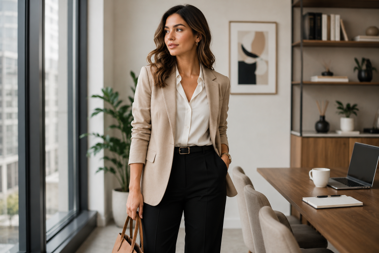 Professional woman wearing a neutral blazer, tailored trousers, white blouse, and loafers in a modern office, showcasing a stylish business casual outfit.