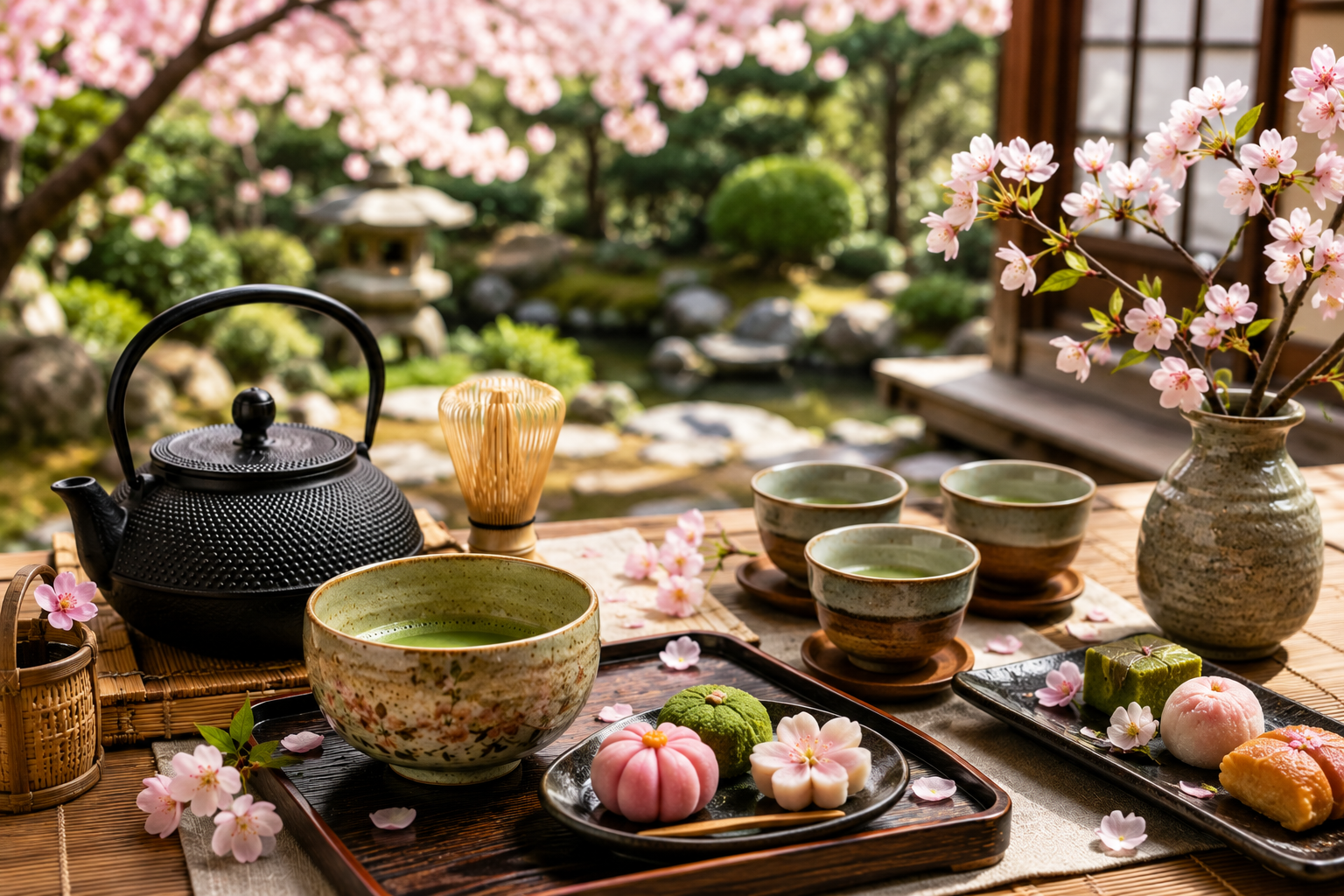 Japanese Tea Party Ideas featuring a traditional matcha tea set, ceramic cups, wagashi desserts, cherry blossoms, and a peaceful Japanese garden setting