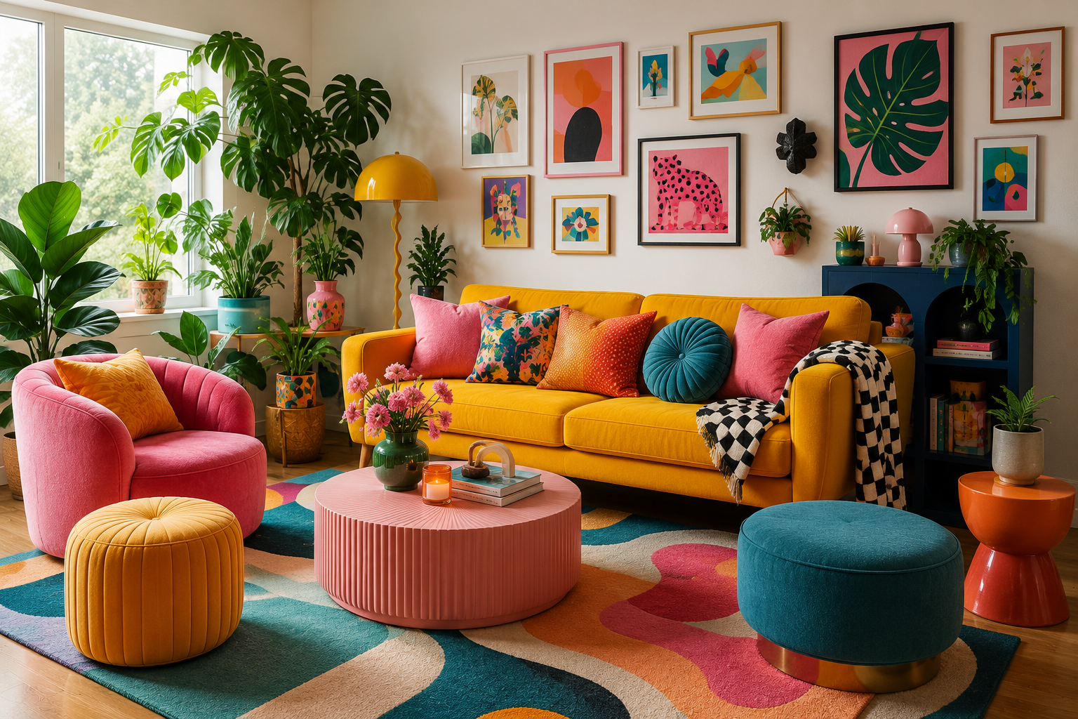 Bright dopamine decor living room featuring a mustard yellow sofa, colorful accent chairs, vibrant wall art, indoor plants, patterned rug, and modern eclectic home decor with natural daylight.