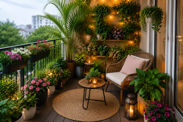 Cozy apartment balcony garden with lush green plants, colorful flowers, wicker chair, wooden table, string lights, decorative lanterns, and stylish outdoor decor for a relaxing small-space garden.