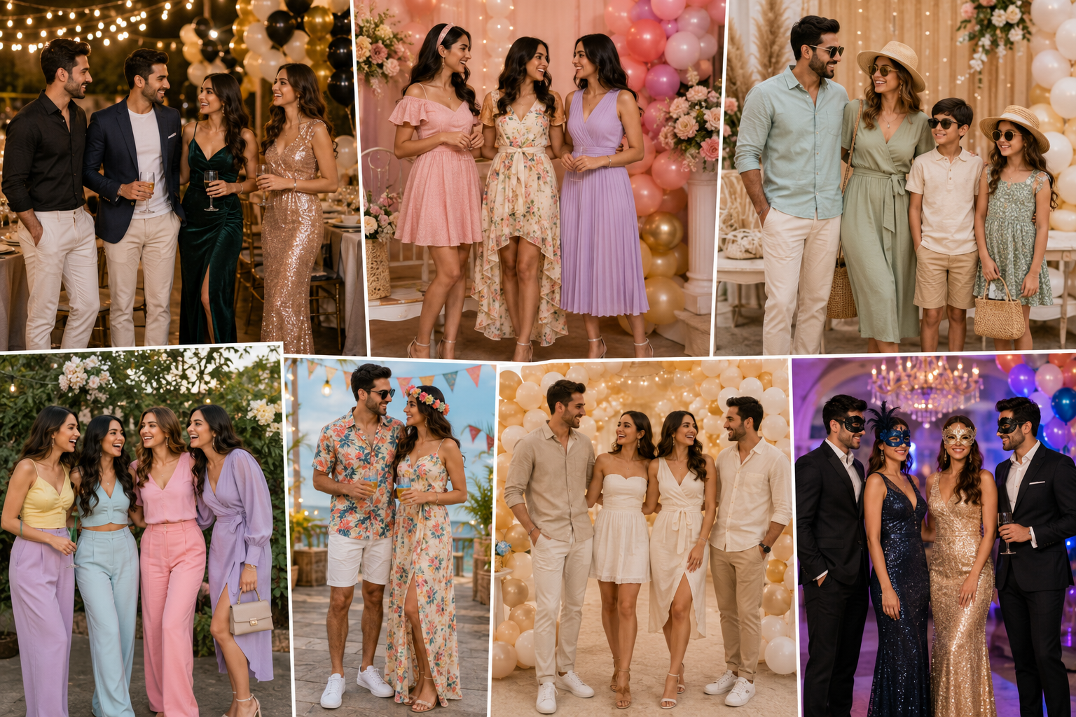 Stylish guests wearing elegant, casual, floral, tropical, and formal outfits at different birthday party celebrations with colorful balloons, lights, and festive decorations.