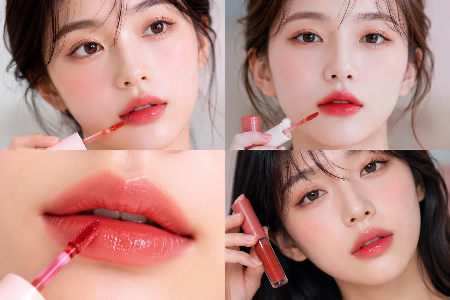 Close-up collage of Korean lip tint makeup looks featuring glossy gradient lips, soft natural K-beauty makeup, radiant skin, and pink, coral, and berry lip shades for everyday beauty inspiration.