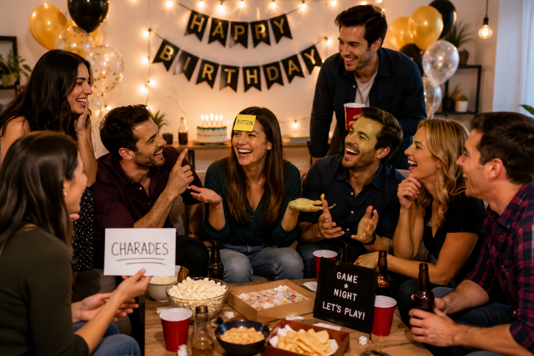 Happy adults playing fun birthday party games with balloons, cake, drinks, and festive decorations during a modern indoor birthday celebration