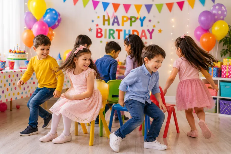 Happy children playing colorful birthday party games with balloons, cake, confetti, and festive decorations during a fun indoor birthday celebration.