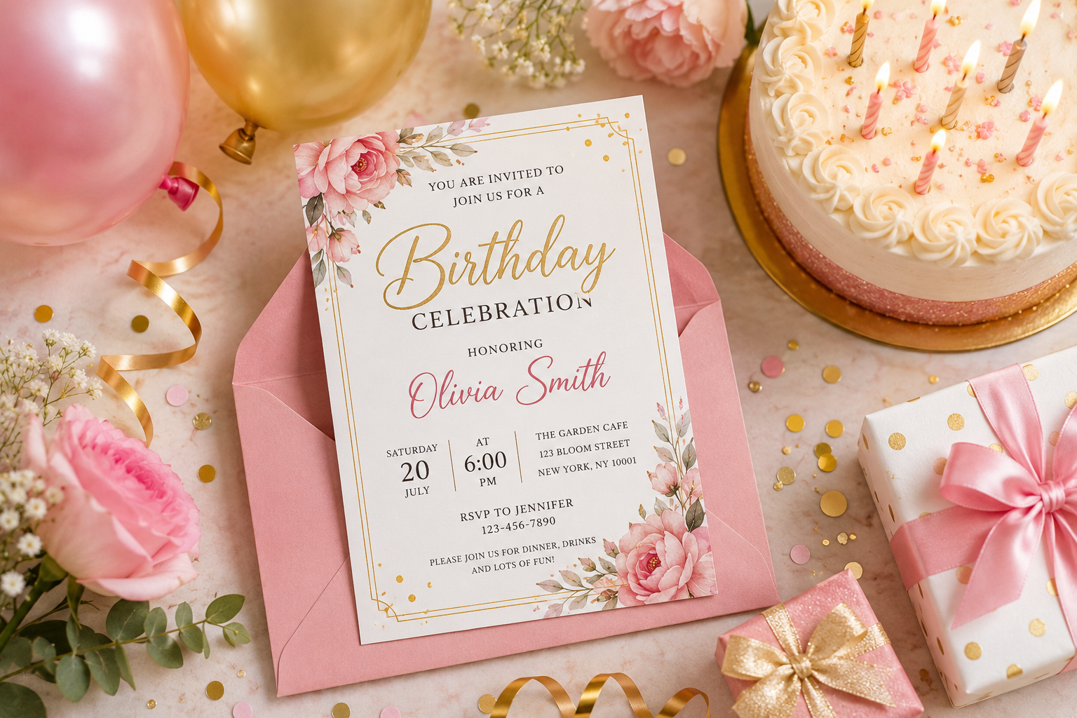 Elegant birthday invitation card with colorful balloons, birthday cake, gift boxes, floral decorations, and festive party stationery arranged on a stylish table.