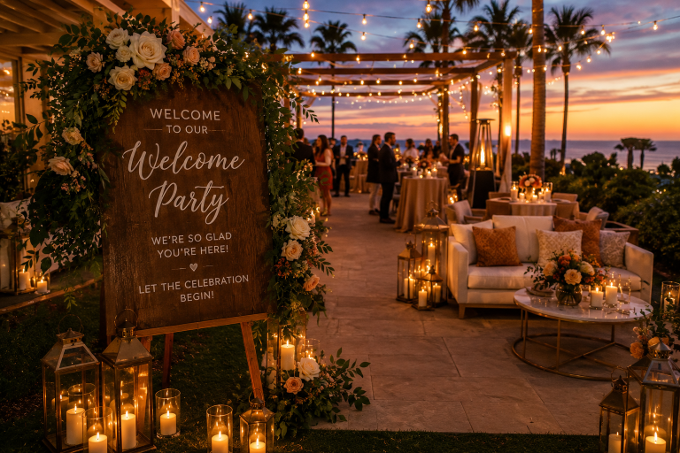 Personalized Wedding Welcome Party with a custom floral welcome sign, elegant outdoor lounge seating, glowing string lights, candlelit décor, and guests enjoying a romantic sunset celebration.