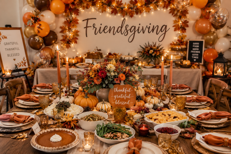 Friendsgiving Party Ideas featuring a cozy autumn dinner table with pumpkins, candles, seasonal flowers, delicious comfort food, and elegant fall decorations.