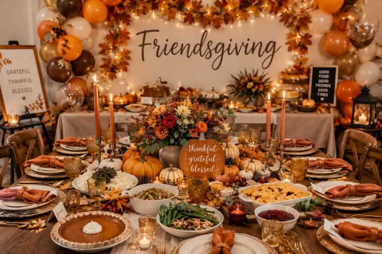 Friendsgiving Party Ideas featuring a cozy autumn dinner table with pumpkins, candles, seasonal flowers, delicious comfort food, and elegant fall decorations.