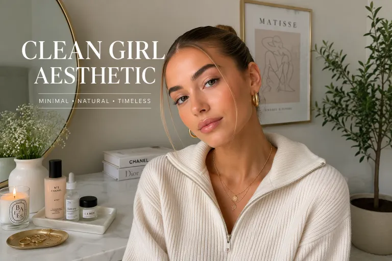 Woman with glowing skin, sleek low bun hairstyle, minimal makeup, gold jewelry, and neutral clothing in a bright minimalist room showcasing the clean girl aesthetic."