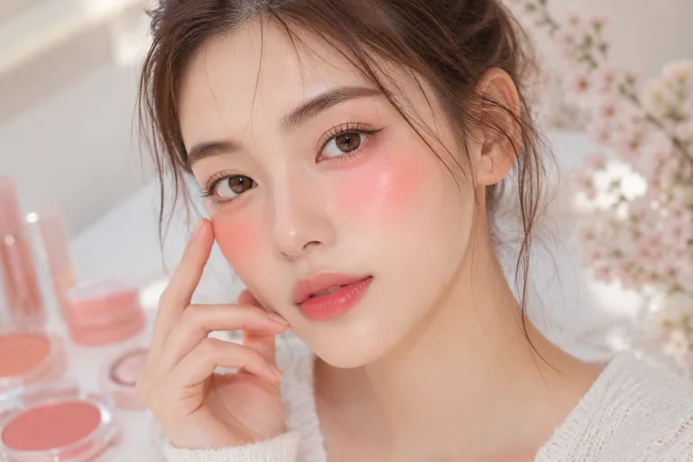 Young woman with glowing skin wearing soft pink Korean blush placed under the eyes and across the cheeks with natural K-beauty makeup in bright natural lighting.