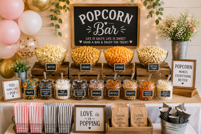 Elegant popcorn bar featuring butter, caramel, cheddar, and kettle corn with colorful toppings, rustic wooden crates, glass jars, striped popcorn bags, party signs, balloons, and stylish snack station decor for weddings, birthdays, baby showers, and movie nights.