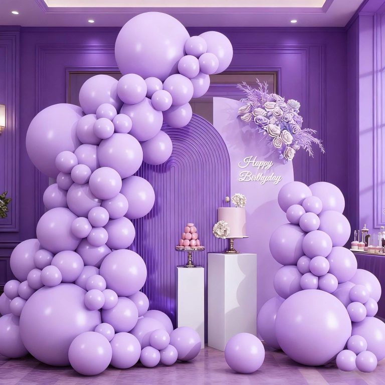 Elegant party decorated with lavender, lilac, and violet purple balloons.