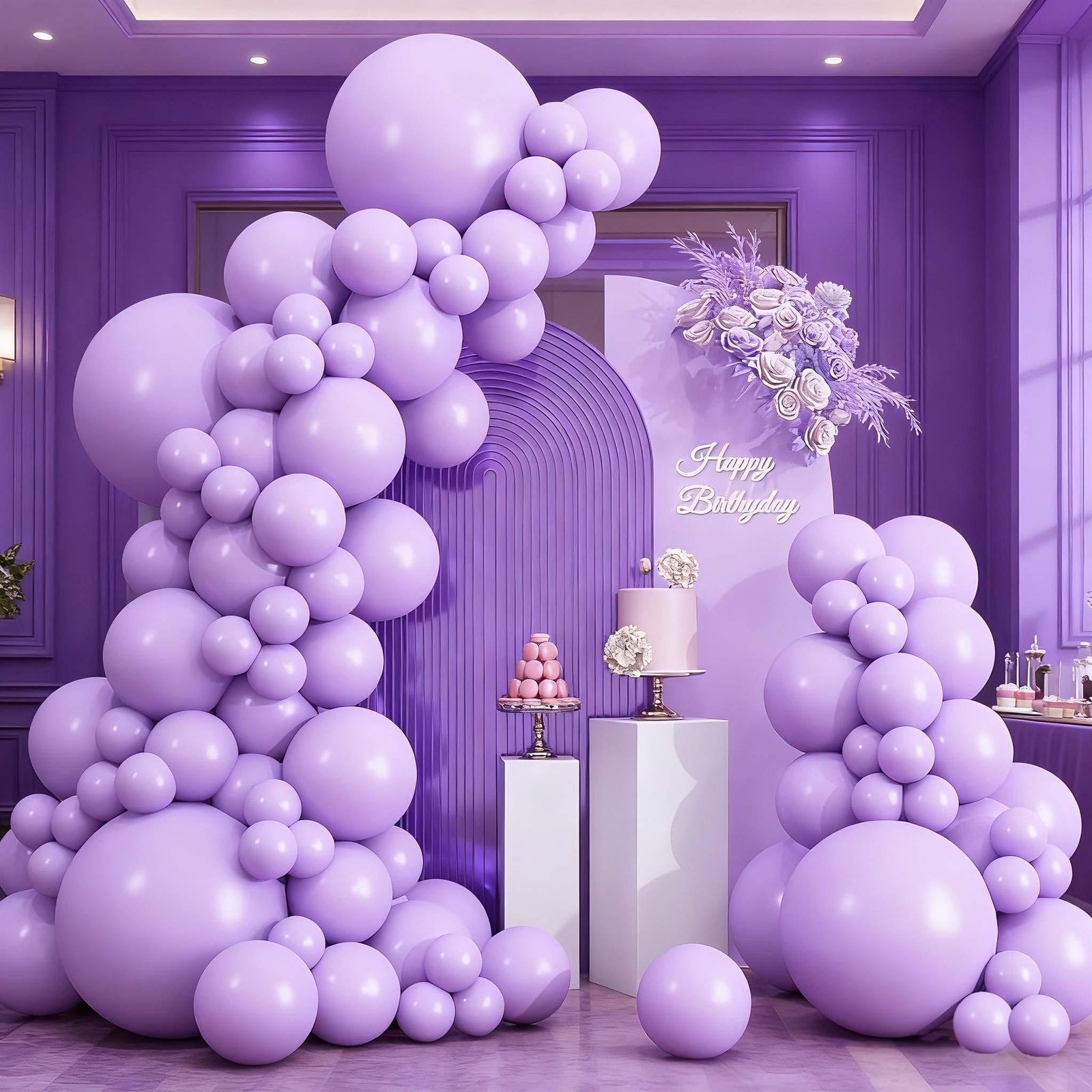 Elegant party decorated with lavender, lilac, and violet purple balloons.