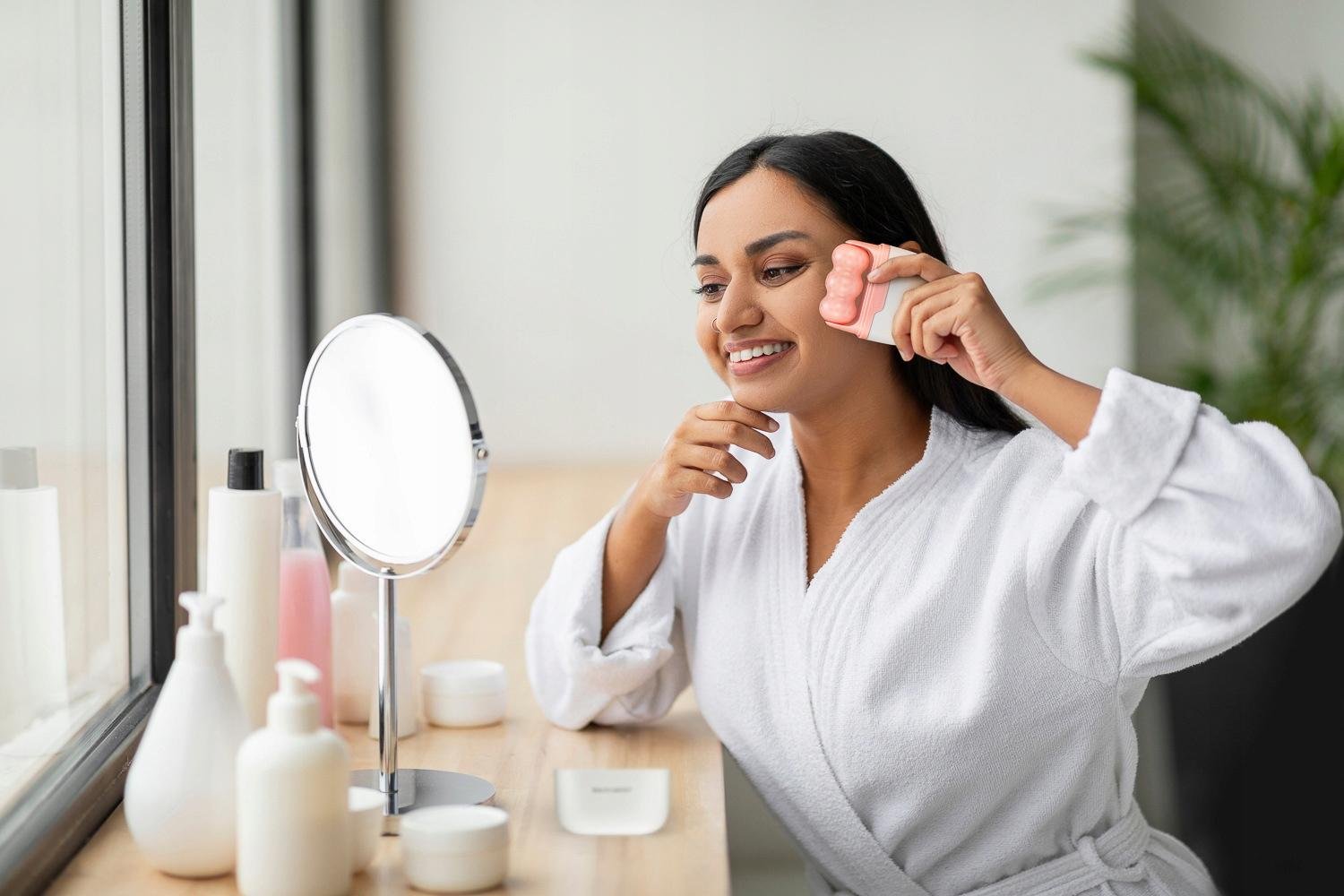 Woman using an ice roller on her face during a morning skincare routine.