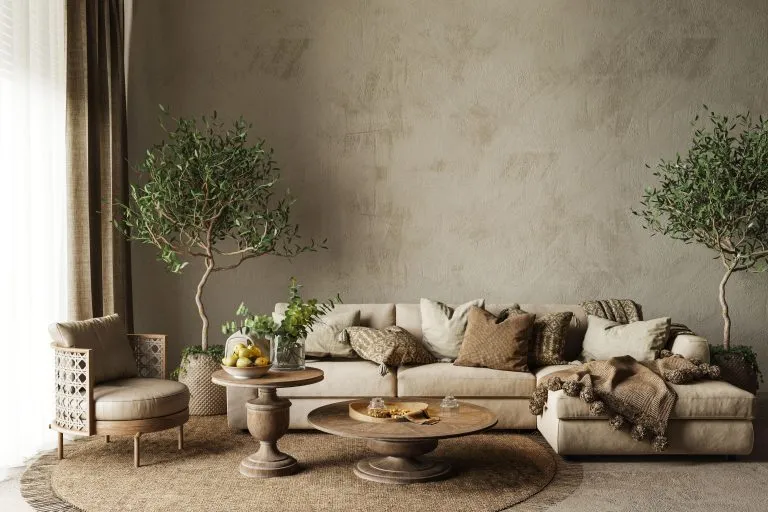 Elegant Earth Tone Living Room with beige sofa, wooden furniture, warm lighting, and natural decor.