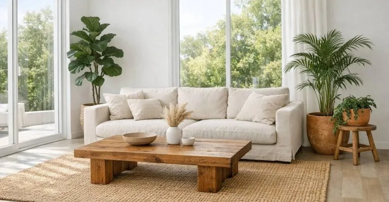Modern sustainable home decor featuring reclaimed wood furniture, indoor plants, natural fabrics, and bright natural light.