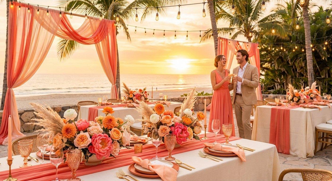 Elegant coral beach wedding reception at sunset featuring coral drapes, floral centerpieces with roses and peonies, candlelit tables, string lights, and a happy couple celebrating by the ocean.