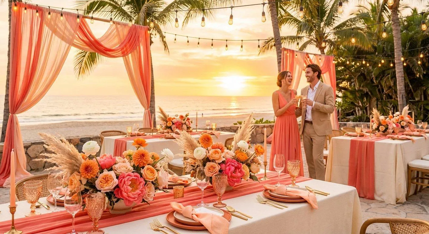 Elegant coral beach wedding reception at sunset featuring coral drapes, floral centerpieces with roses and peonies, candlelit tables, string lights, and a happy couple celebrating by the ocean.