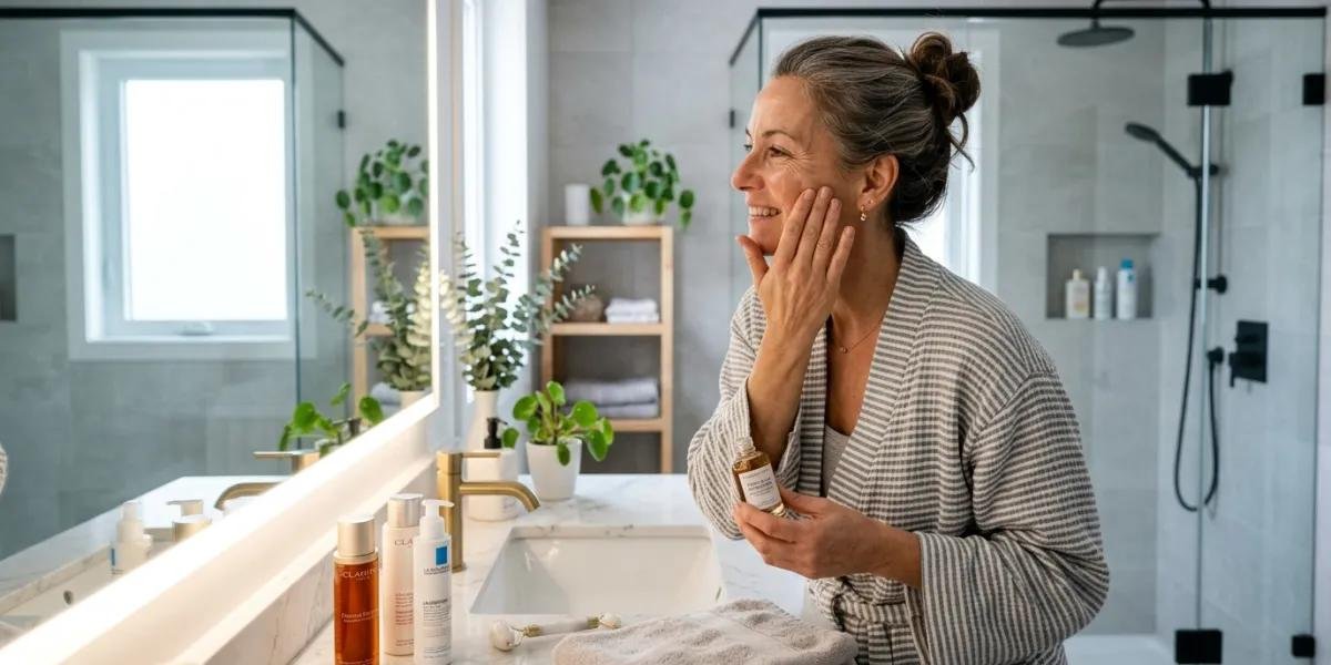 Skincare Routine for Women Over 40 featuring a woman applying facial serum in a bright modern bathroom with healthy glowing skin.