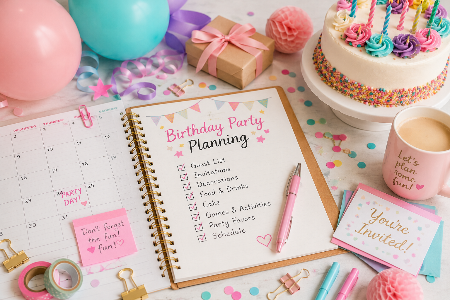 Flat lay of a birthday party planning checklist with a calendar, colorful balloons, invitations, gift box, birthday cake, stationery, confetti, and party decorations arranged on a bright table.
