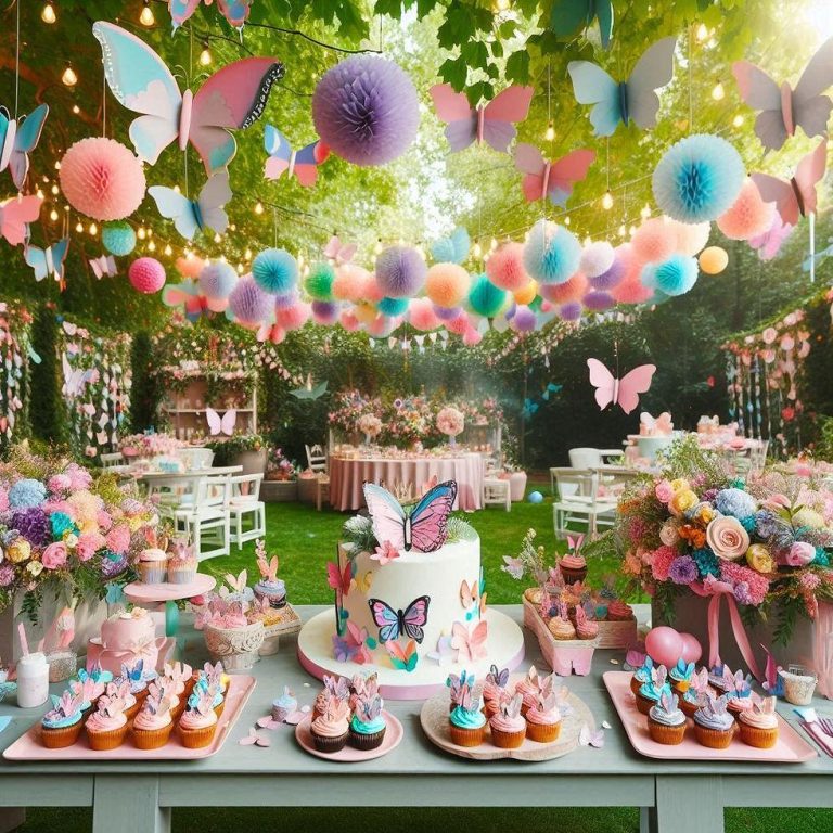 Whimsical butterfly birthday party setup with pastel balloon garlands, colorful paper butterflies, floral dessert table, butterfly birthday cake, cupcakes, and elegant garden decorations for an outdoor celebration.